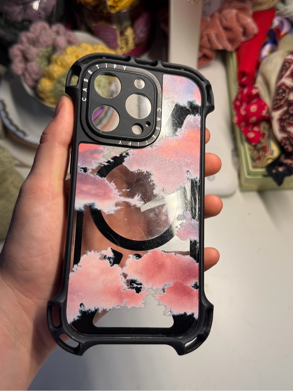 Casetify Black Protective Bumper Clear Case with Pink Cloud Motif IPhone 16 pro
